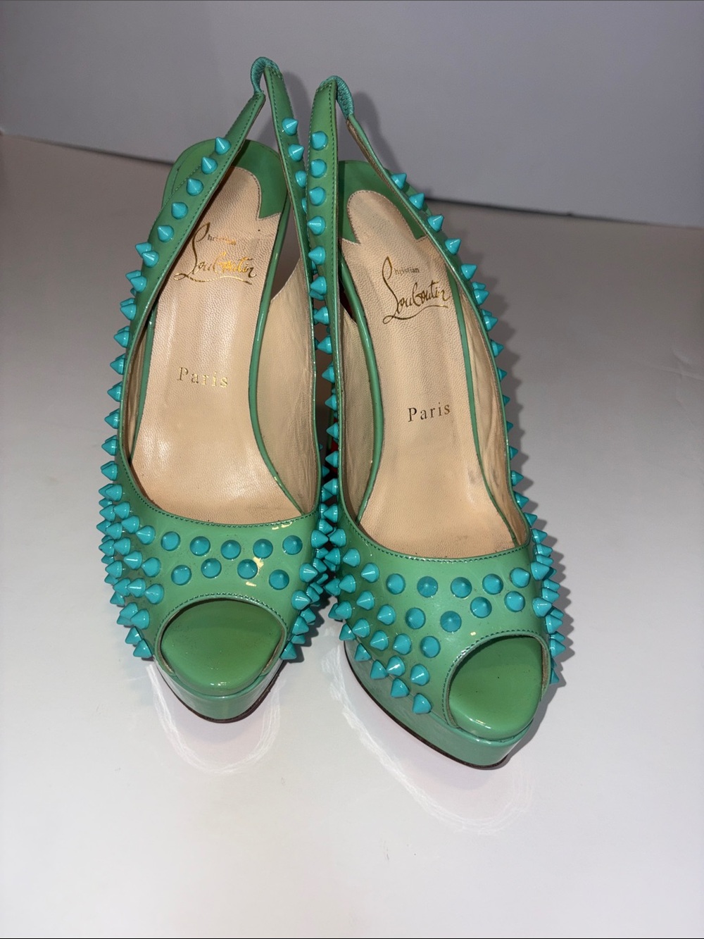 Christian Louboutin Green Teal Spiked Peep-Toe Slingbacks